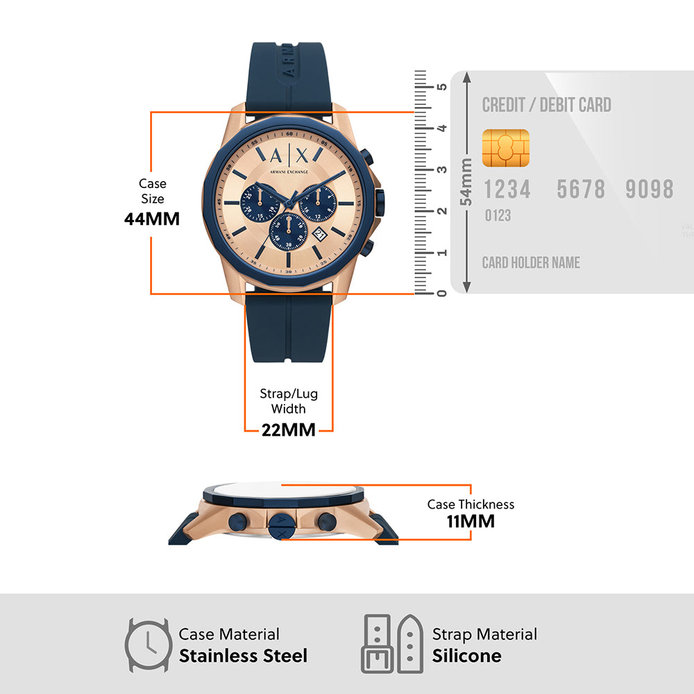  Shop Authentic Armani Exchange Hampton Chronograph Rose Gold Dial Blue Silicone Strap Watch For Men - AX1730 - Luxxuri