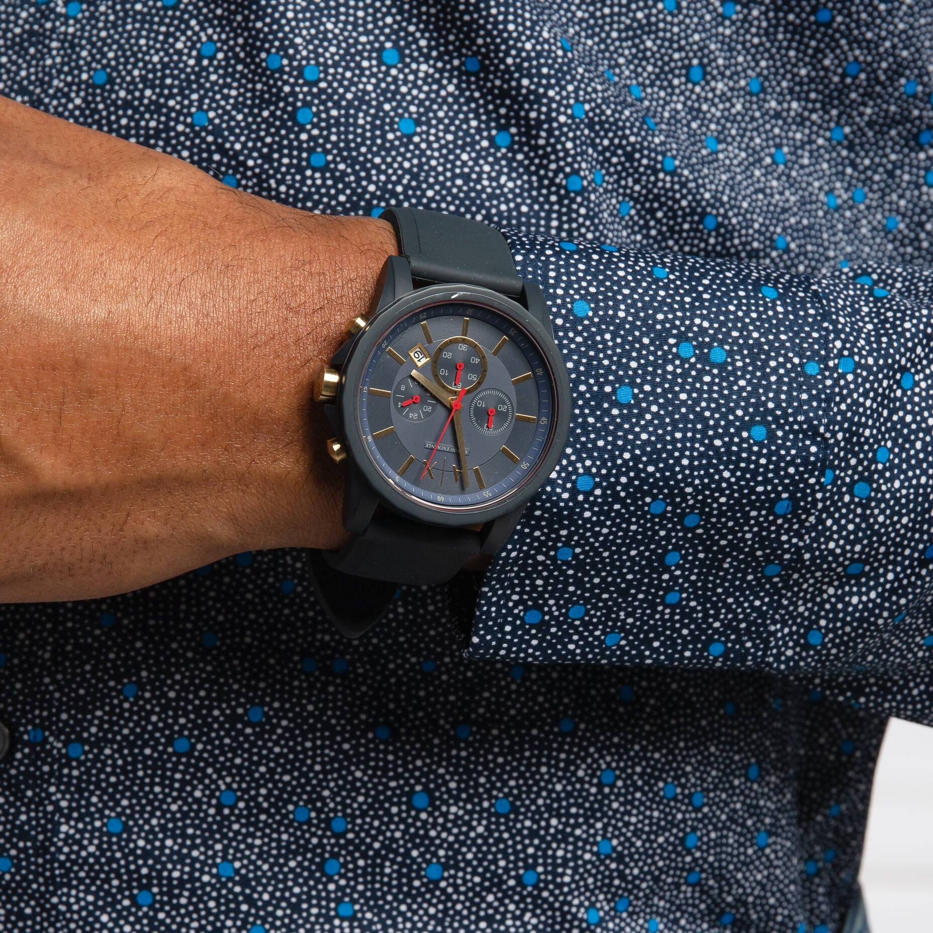  Shop Authentic Armani Exchange Outerbanks Chronograph Blue Dial Blue Silicone Strap Watch For Men - AX1335 - Luxxuri