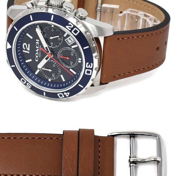Coach Kent Chronograph Blue Dial Brown Leather Strap Watch for Men - 14602560