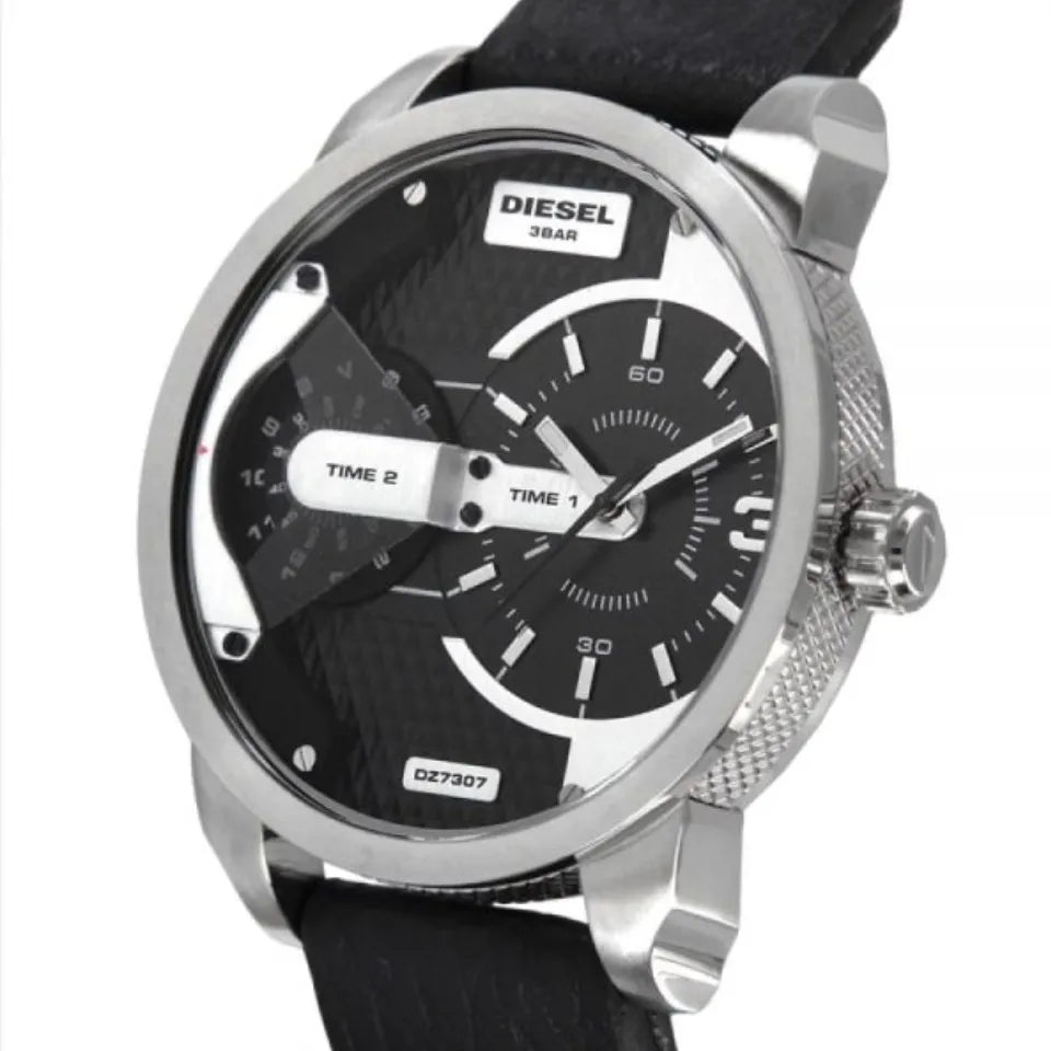  Shop Authentic Diesel Mini Daddy Black Silver Dial Black Leather Strap Watch For Men - DZ7307 - Luxxuri