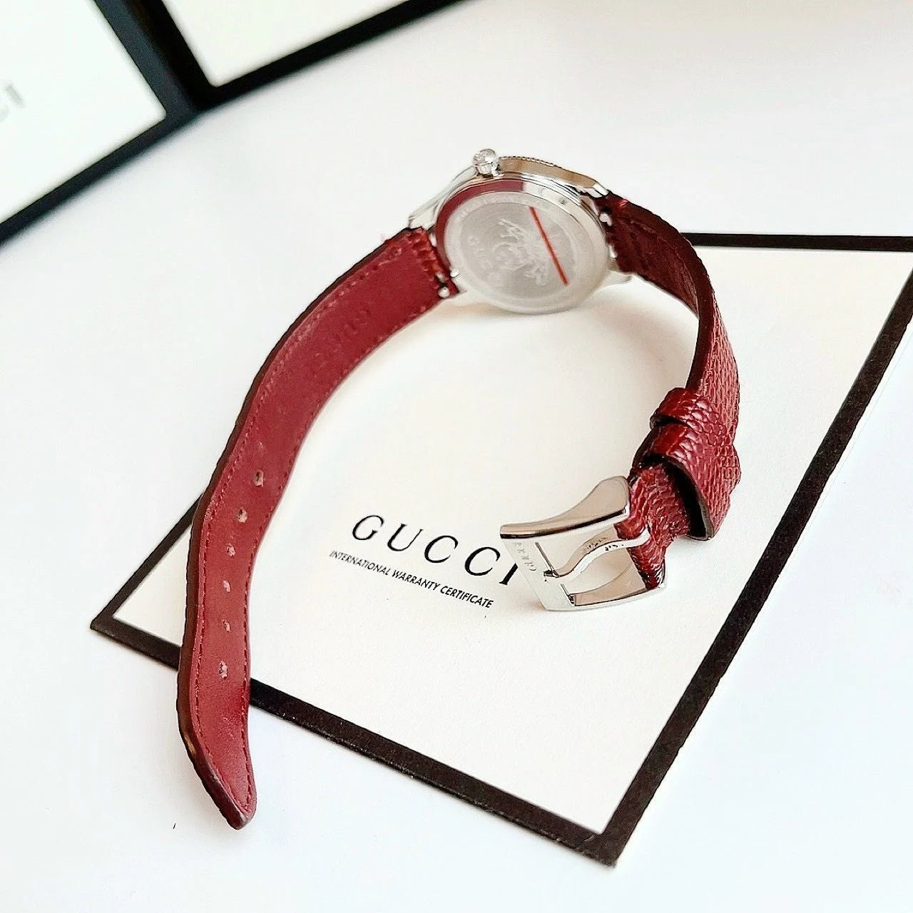  Shop Authentic Gucci G Timeless Quartz Diamonds Pink Dial Red Leather Strap Watch For Women - YA1265017 - Luxxuri