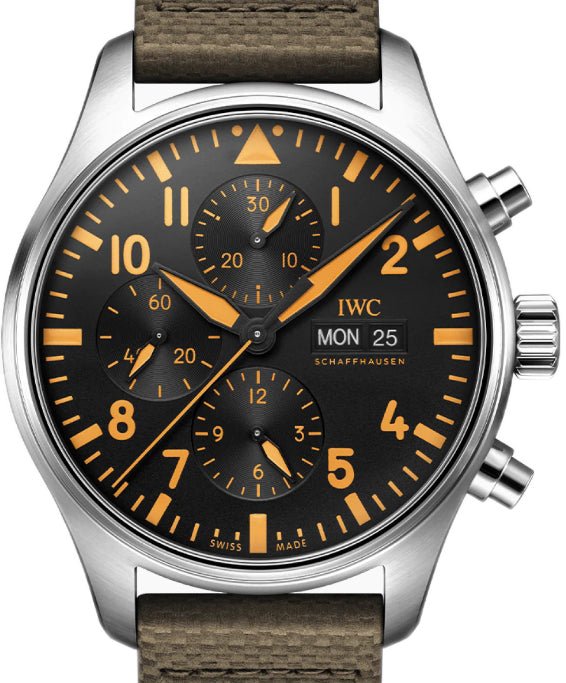  Shop Authentic IWC Pilot's Watch Chronograph Black Dial Olive Green Calfskin Strap Watch for Men - IW377730 - Luxxuri