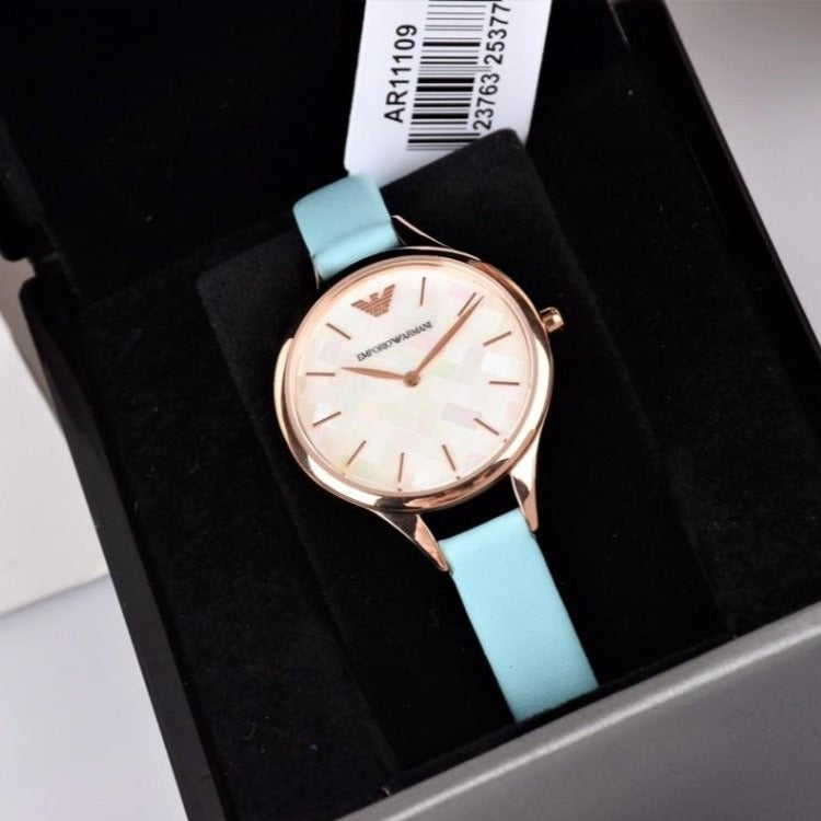  Shop Authentic Emporio Armani Aurora Quartz Mother of Pearl White Dial Blue Leather Strap Watch For Women - AR11109 - Luxxuri