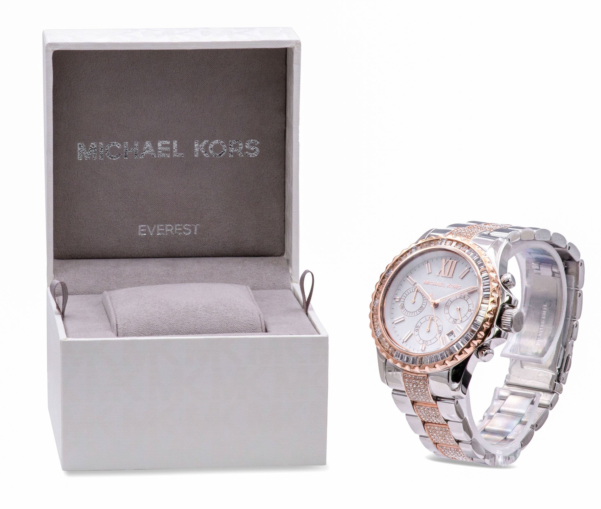  Shop Authentic Michael Kors Everest Chronograph Silver Dial Two Tone Steel Strap Watch For Women - MK6975 - Luxxuri