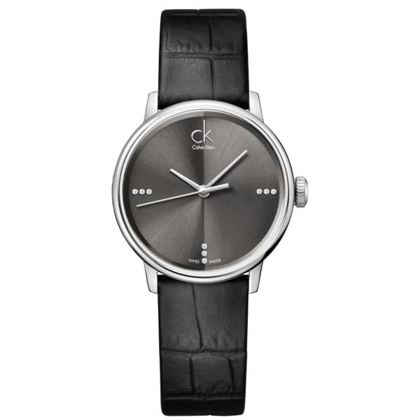  Shop Authentic Calvin Klein Grey Dial Black Leather Strap Watch for Women - K2Y2Y1CU - Luxxuri