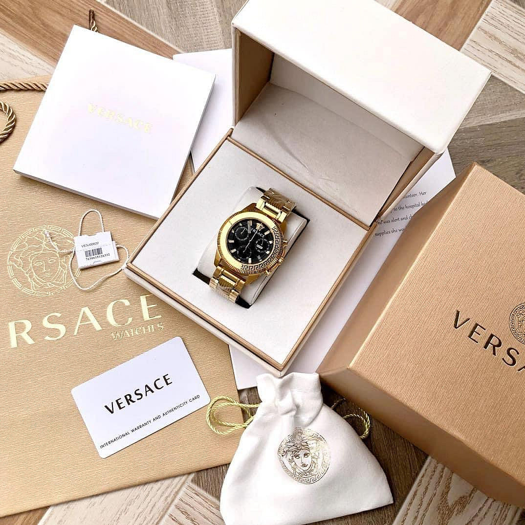  Shop Authentic Versace Greca Action Chronograph Black Dial Gold Steel Strap Watch For Men - VE3J00622 - Luxxuri