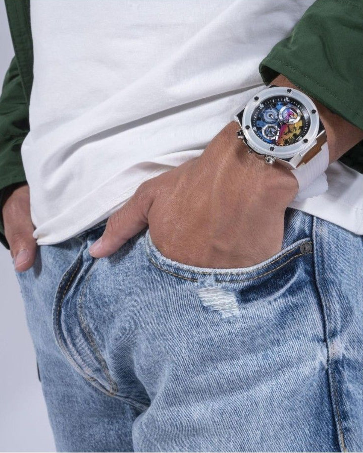  Shop Authentic Guess Poseidon Chronograph Rainbow Dial White Silicone Strap Watch For Men - GW0425G4 - Luxxuri