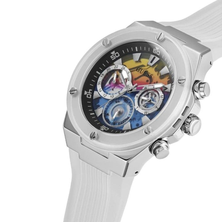  Shop Authentic Guess Poseidon Chronograph Rainbow Dial White Silicone Strap Watch For Men - GW0425G4 - Luxxuri