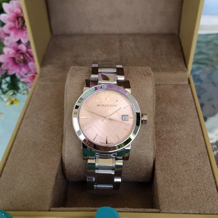  Shop Authentic Burberry The City Pink Dial Silver Steel Strap Watch for Women - BU9124 - Luxxuri