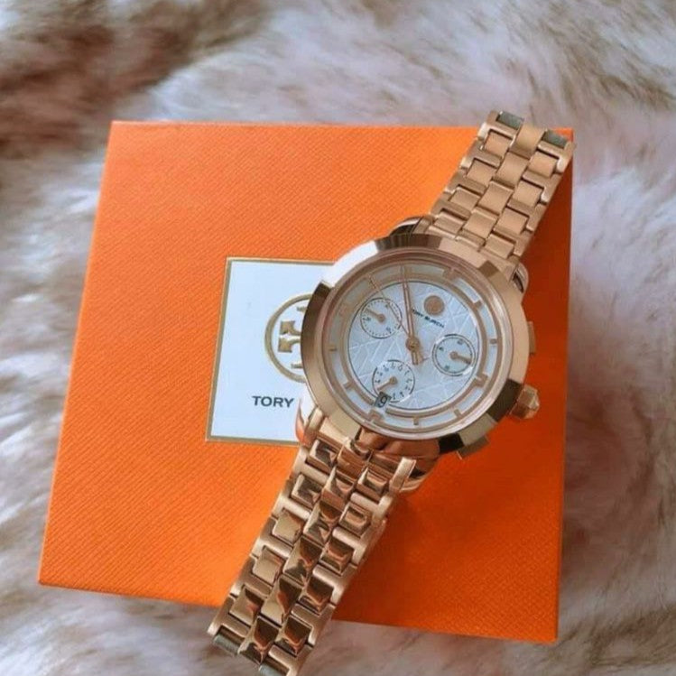 Tory Burch Classic Chronograph White Dial Rose Gold Steel Strap Watch for Women - TBW1033