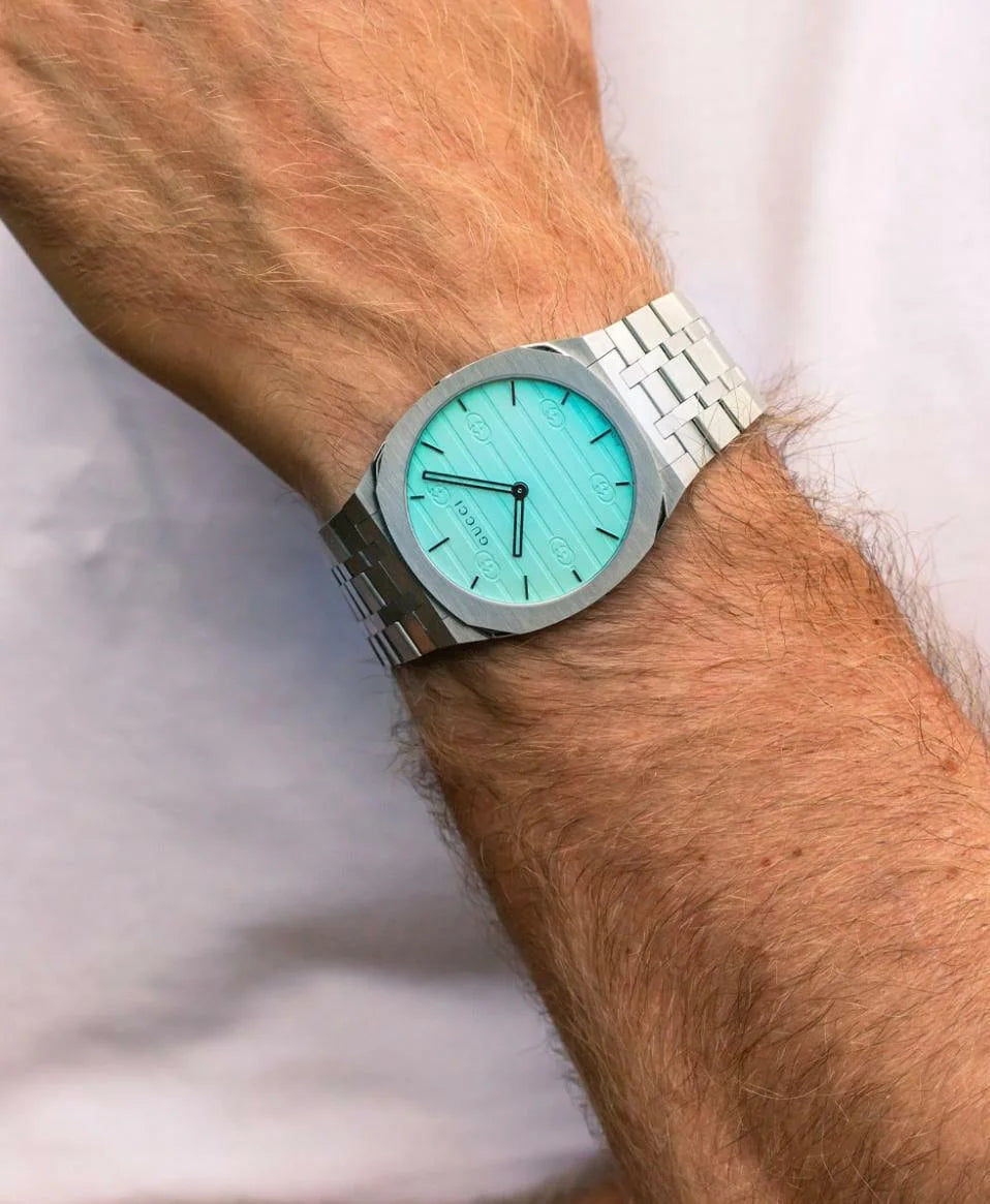  Shop Authentic Gucci 25H Quartz Turquoise Dial Silver Steel Strap Watch For Women - YA163409 - Luxxuri