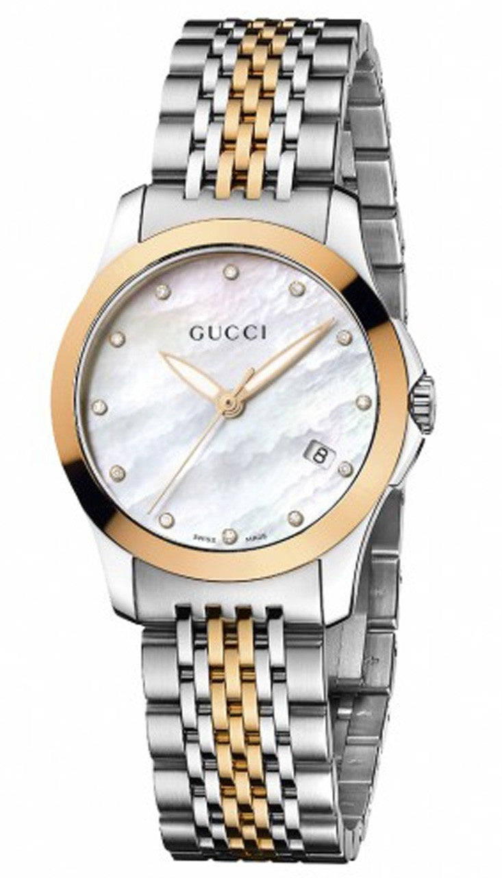  Shop Authentic Gucci G Timeless Diamonds Mother of Pearl Dial Two Tone Mesh Bracelet Watch For Women - YA126514 - Luxxuri