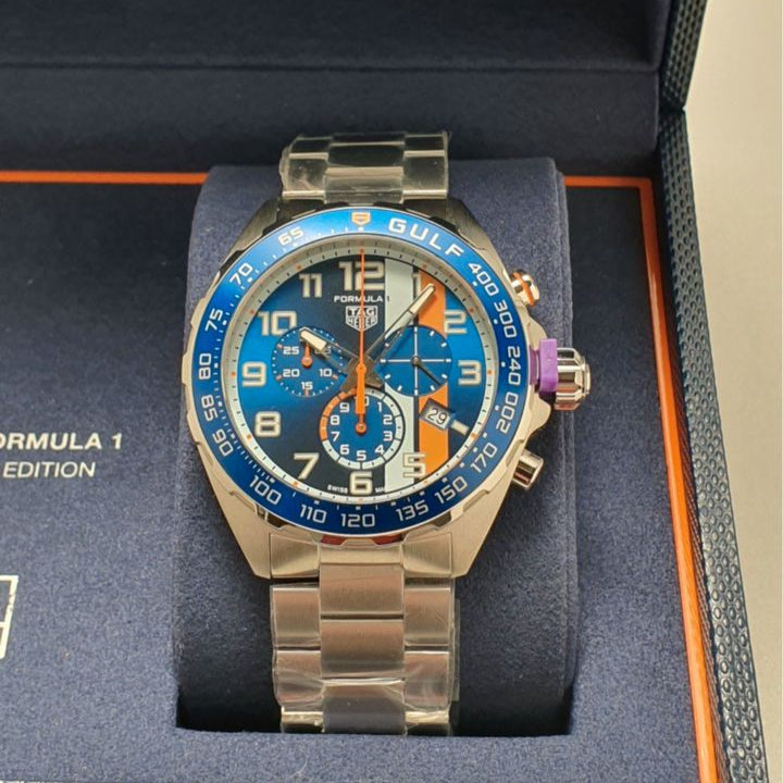  Shop Authentic Tag Heuer Formula 1 Gulf Edition Chronograph Blue Dial Silver Steel Strap Watch for Men - CAZ101AT.BA0842 - Luxxuri