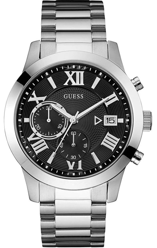  Shop Authentic Guess Atlas Chronograph Black Dial Silver Steel Strap Watch For Men - W0668G3 - Luxxuri