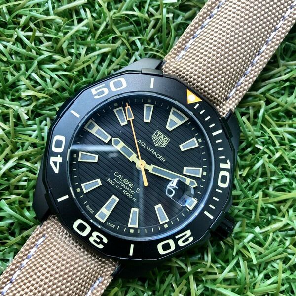  Shop Authentic Tag Heuer Aquaracer 300 Calibre 5 Automatic Black Dial Brown Fabric Strap Watch for Men - WAY208C.FC6383 - Luxxuri