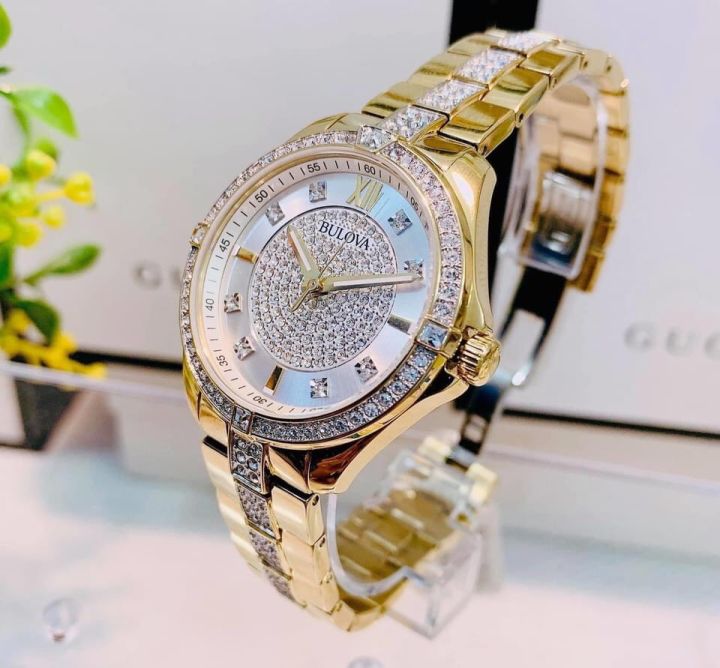  Shop Authentic Bulova Crystal Collection Silver Crystal Dial Gold Steel Strap Watch for Women - 98L228 - Luxxuri