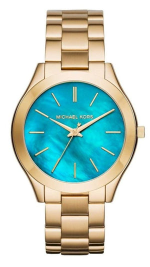  Shop Authentic Michael Kors Slim Runway Blue Mother of Pearl Dial Gold Steel Strap Watch for Women - MK3492 - Luxxuri