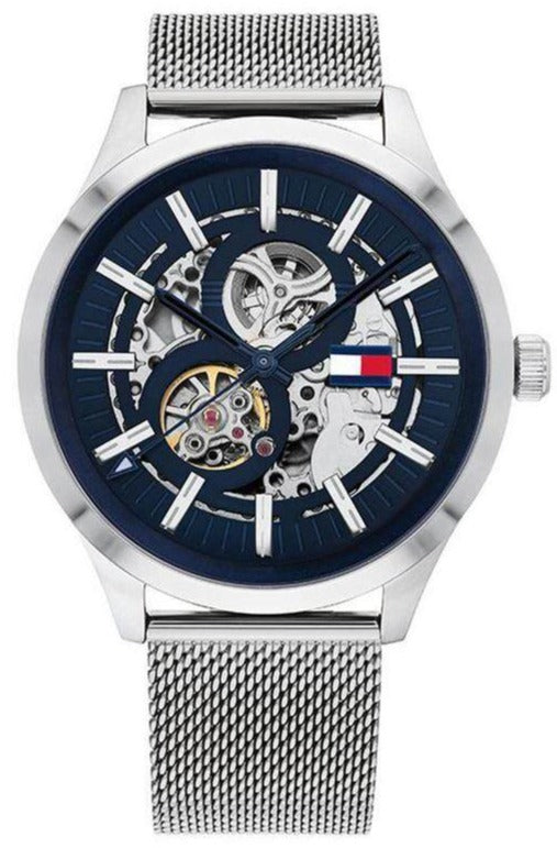  Shop Authentic Tommy Hilfiger Spencer Skeleton Black Dial Silver Mesh Bracelet Watch for Men - 1791643 - Luxxuri