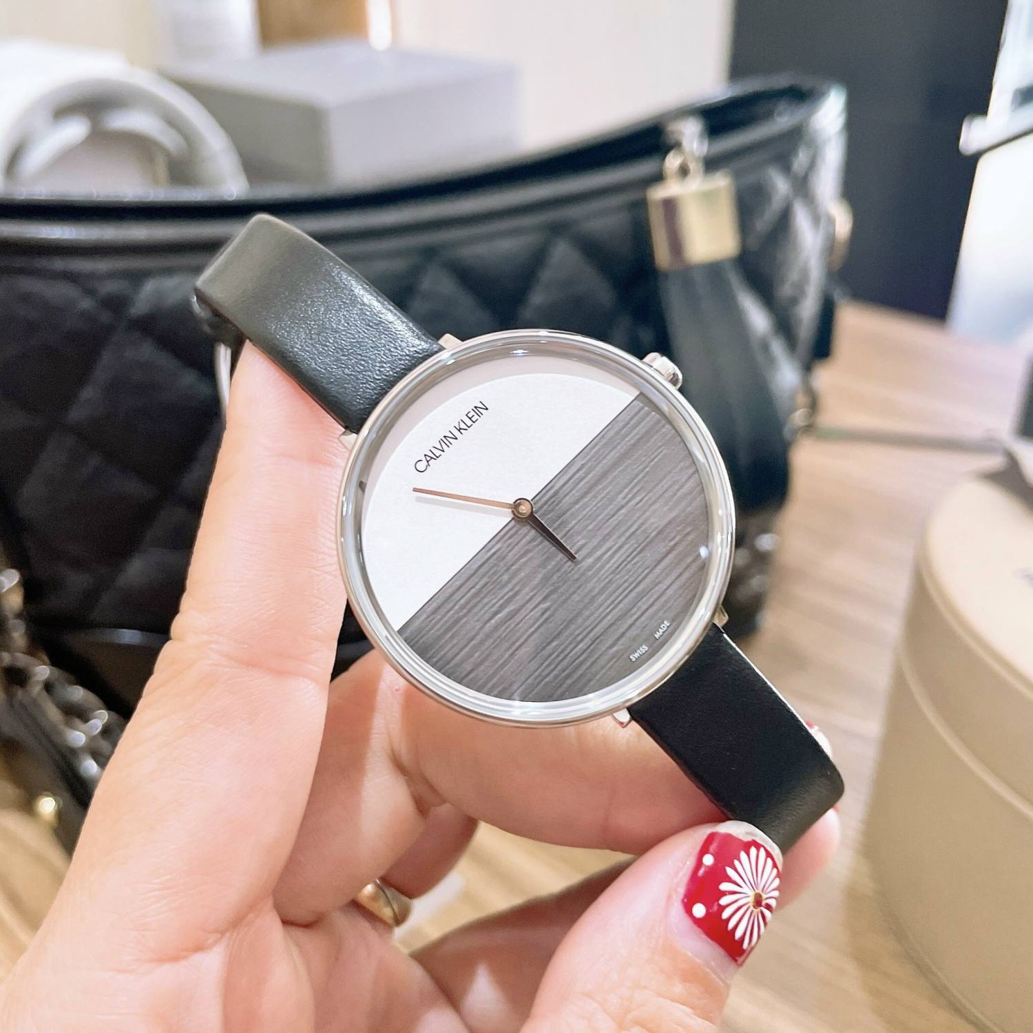  Shop Authentic Calvin Klein Rise White Grey Dial Black Leather Strap Watch for Women - K7A231C3 - Luxxuri