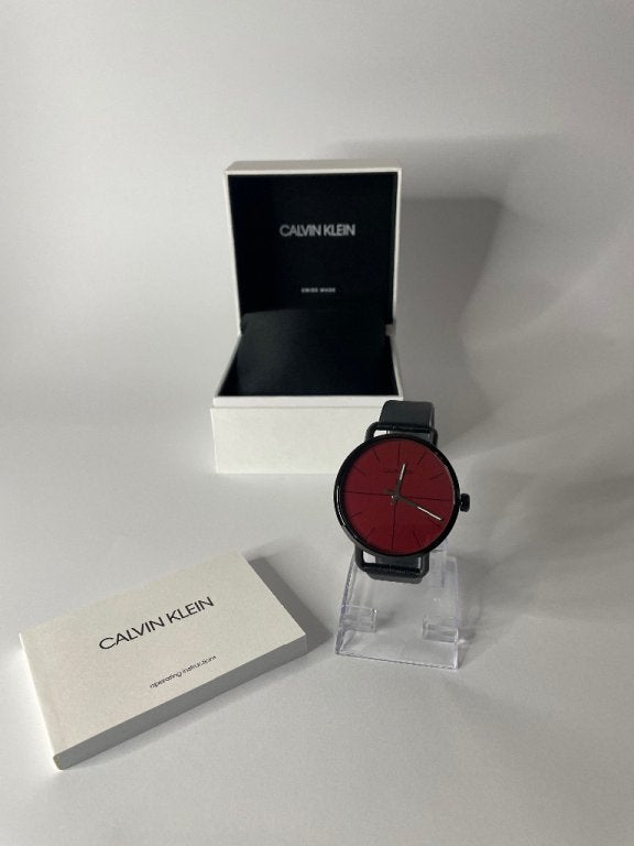  Shop Authentic Calvin Klein Even Maroon Dial Black Leather Strap Watch for Men - K7B214CP - Luxxuri