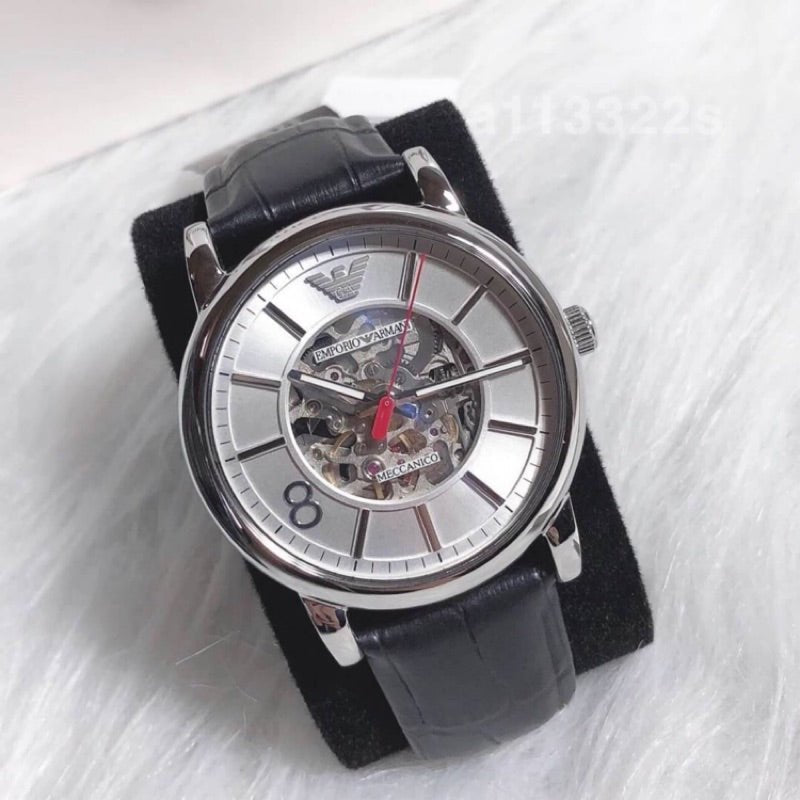  Shop Authentic Emporio Armani Meccanico Silver Skeleton Dial Black Leather Watch For Men - AR1997 - Luxxuri