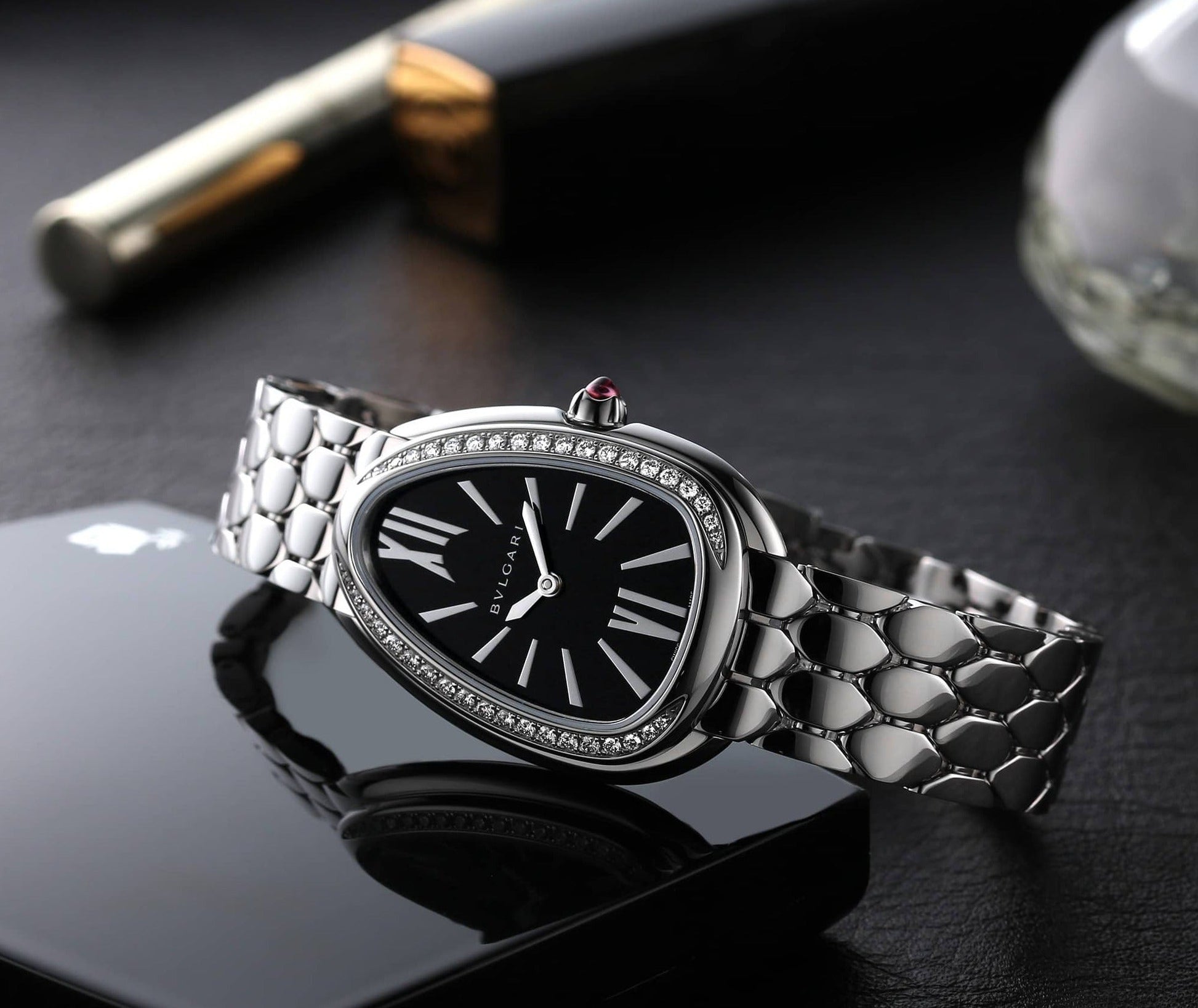  Shop Authentic Bvlgari Serpenti Seduttori Diamonds Black Dial Silver Steel Strap Watch for Women - SERPENTI103449 - Luxxuri