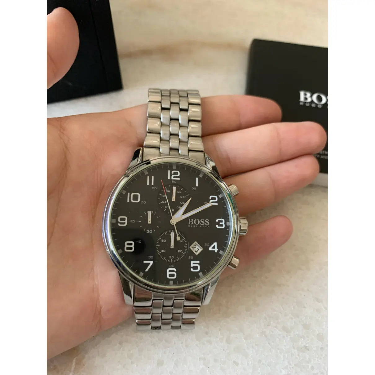  Shop Authentic Hugo Boss Aeroliner Chronograph Quartz Black Dial Silver Steel Strap Watch For Men - HB1512446 - Luxxuri