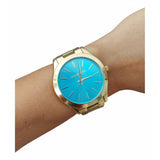  Shop Authentic Michael Kors Slim Runway Blue Mother of Pearl Dial Gold Steel Strap Watch for Women - MK3492 - Luxxuri