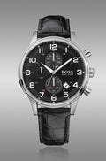  Shop Authentic Hugo Boss Aeroliner Chronograph Black Dial Black Leather Strap Watch For Men - 1512448 - Luxxuri