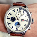  Shop Authentic Tommy Hilfiger Jackson Multi-Function Silver Dial Brown Leather Strap Watch for Men - 1791239 - Luxxuri