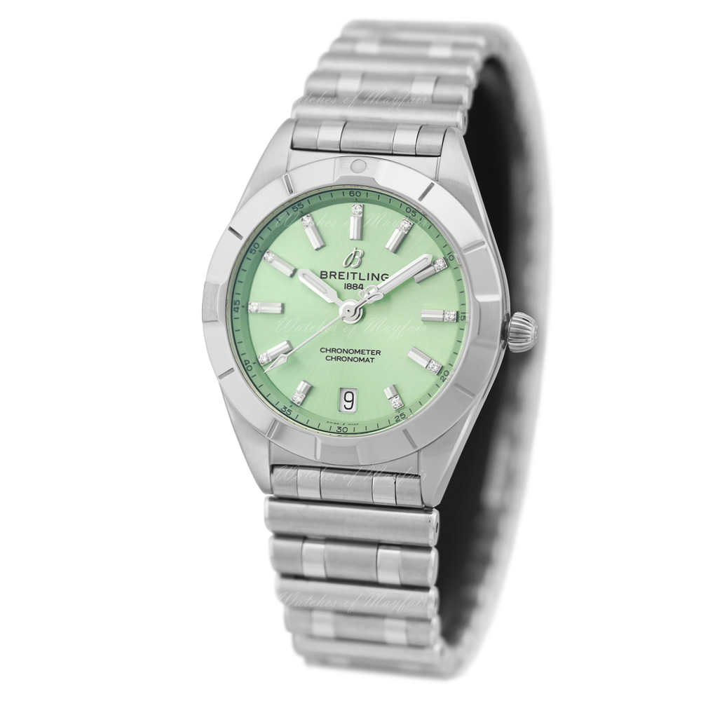  Shop Authentic Breitling Chronomat 32 Diamonds Green Dial Silver Steel Strap Watch for Women - A77310101L1A1 - Luxxuri