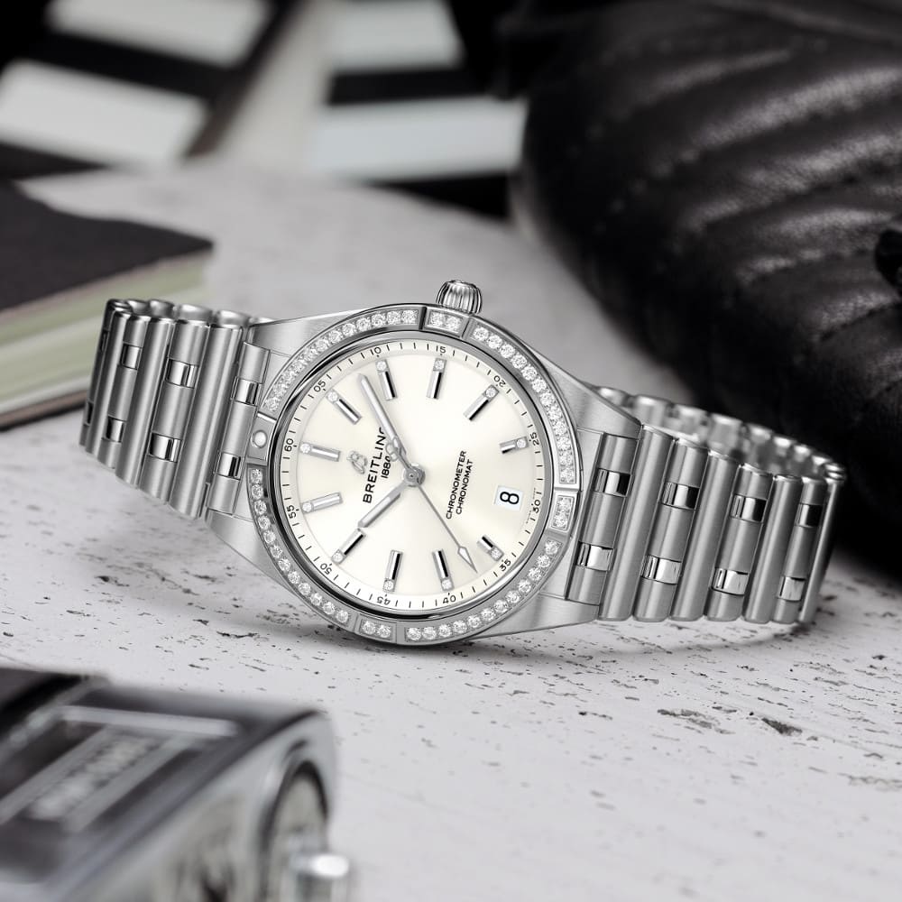  Shop Authentic Breitling Chronomat Automatic 36 Diamonds White Dial Silver Steel Strap Watch for Women - A10380591A1A1 - Luxxuri