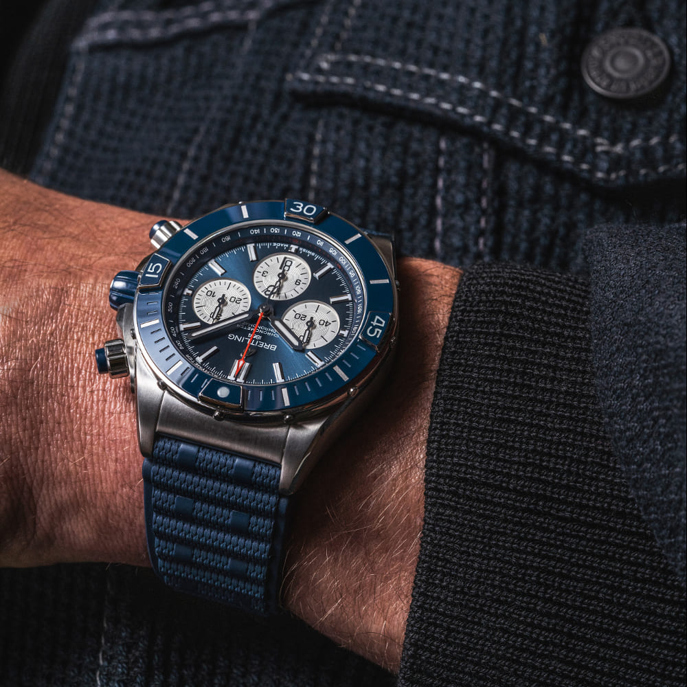 Breitling Super Chronomat B01 44 Blue Dial Blue Rubber Strap Watch for Men - AB0136161C1S1