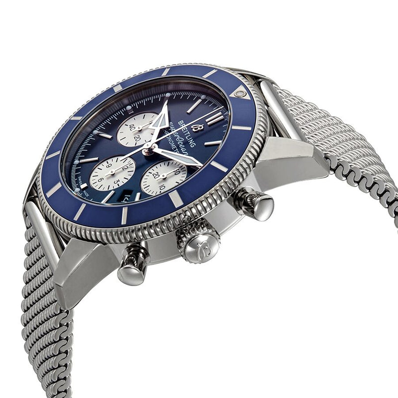  Shop Authentic Breitling Superocean Heritage B01 Chronograph 44 Blue Dial Silver Mesh Bracelet Watch for Men - AB0162161C1A1 - Luxxuri