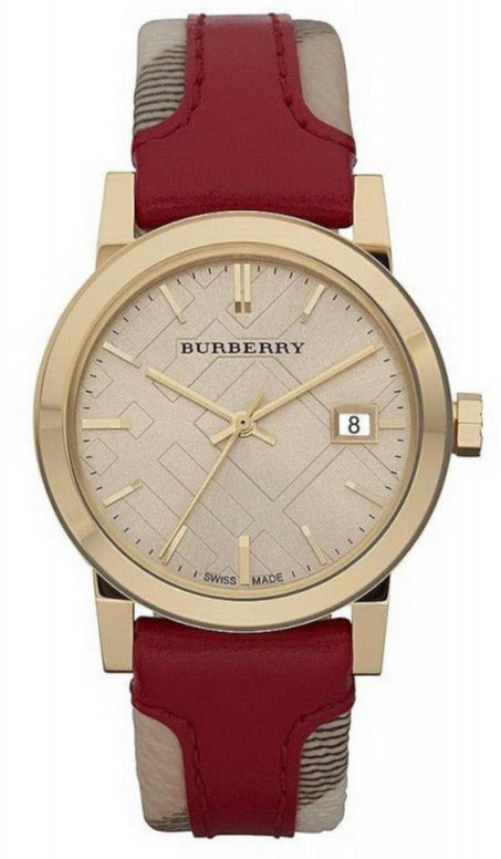  Shop Authentic Burberry Heritage Nova Gold Dial Haymarket Red Leather Strap Watch for Women - BU9111 - Luxxuri