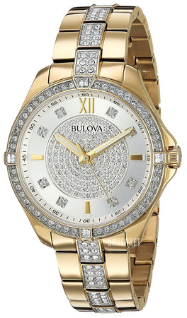  Shop Authentic Bulova Crystal Collection Silver Crystal Dial Gold Steel Strap Watch for Women - 98L228 - Luxxuri