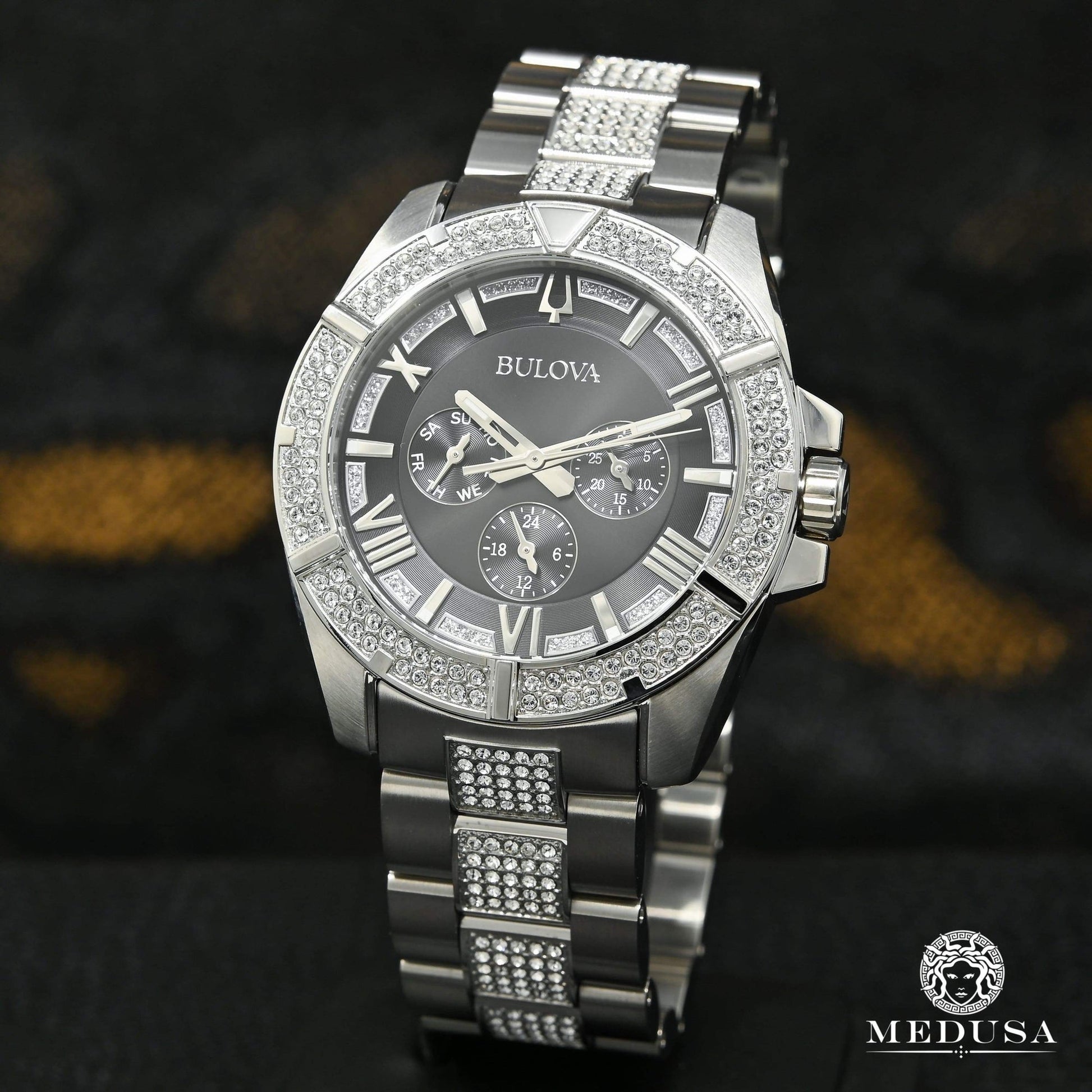  Shop Authentic Bulova Crystal Collection Chronograph Black Dial Two Tone Steel Strap Watch for Men - 96C126 - Luxxuri