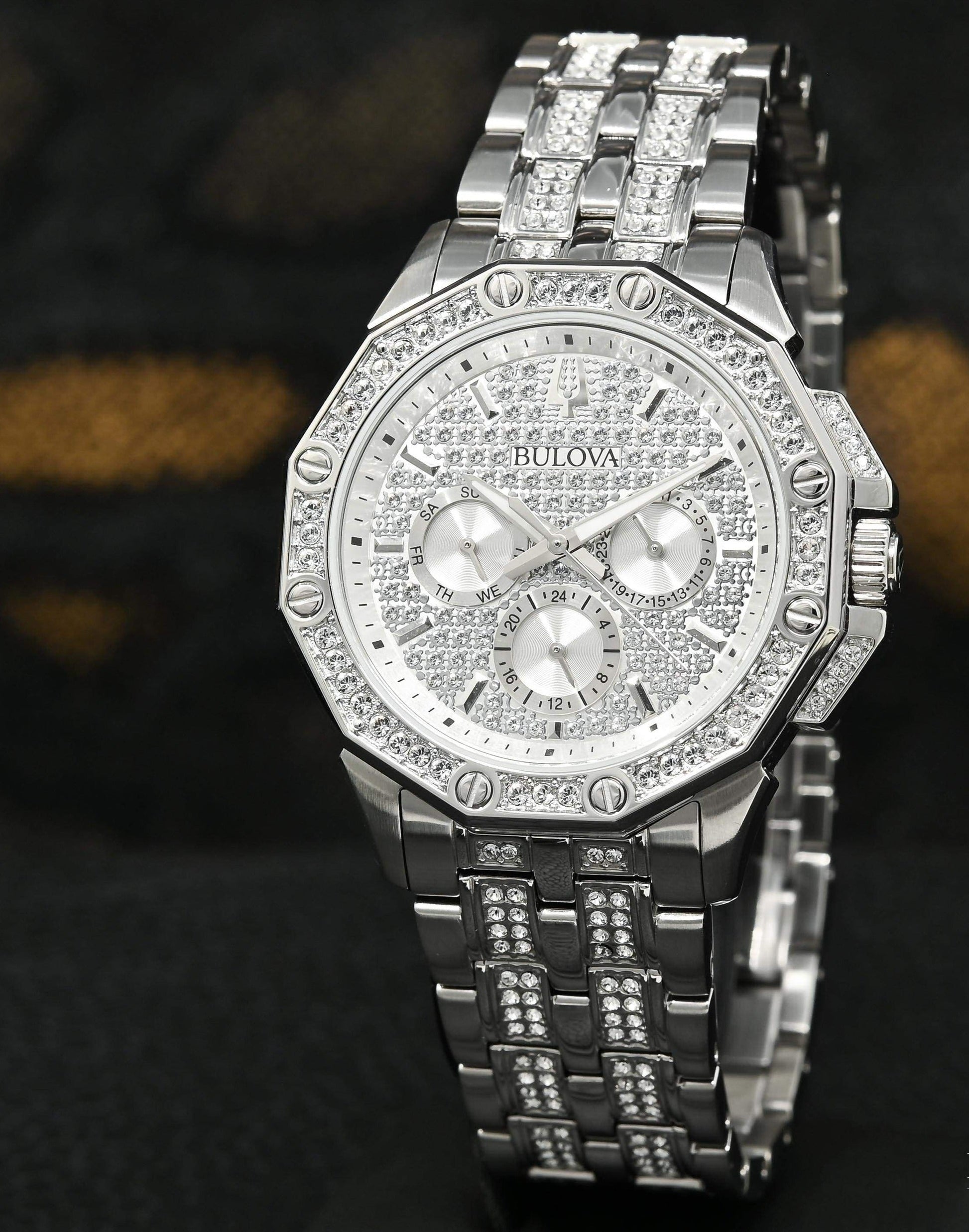  Shop Authentic Bulova Crystal Collection Pave Silver Dial with Crystals Silver Steel Strap Watch for Men - 96C134 - Luxxuri