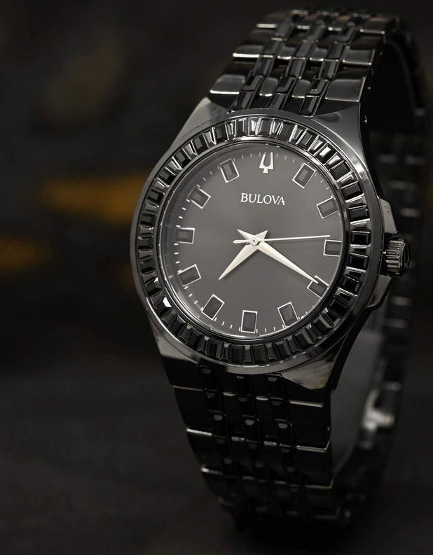  Shop Authentic Bulova Crystal Collection Phantom Black Dial Black Steel Strap Watch for Men - 98A240 - Luxxuri