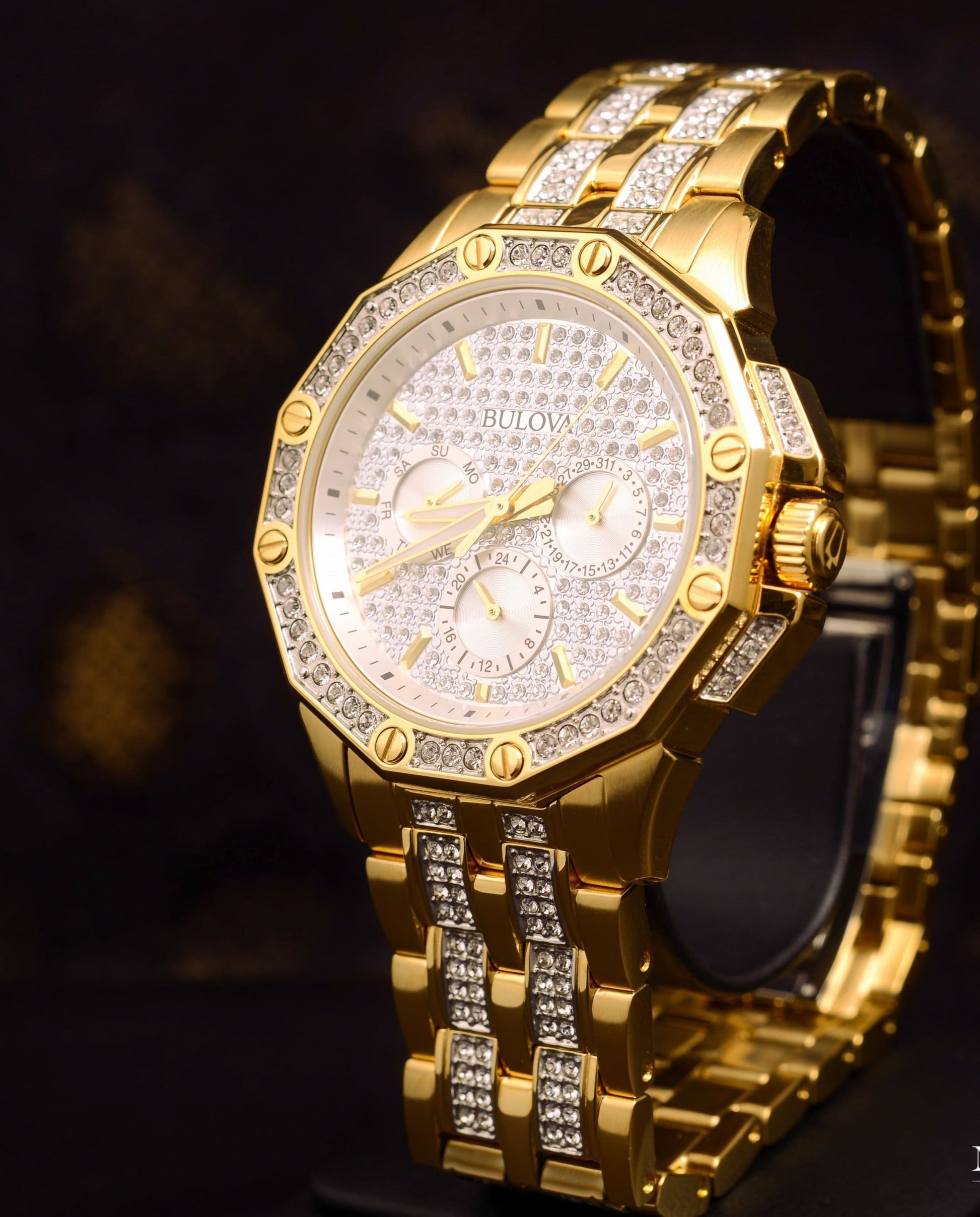  Shop Authentic Bulova Crystal Collection Octova White Dial Gold Steel Strap Watch for Men - 98C126 - Luxxuri