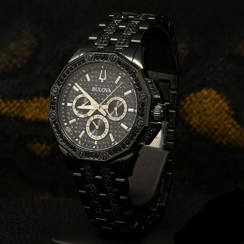  Shop Authentic Bulova Octova Chronograph Black Crystal Dial Black Steel Strap Watch for Men - 98C134 - Luxxuri