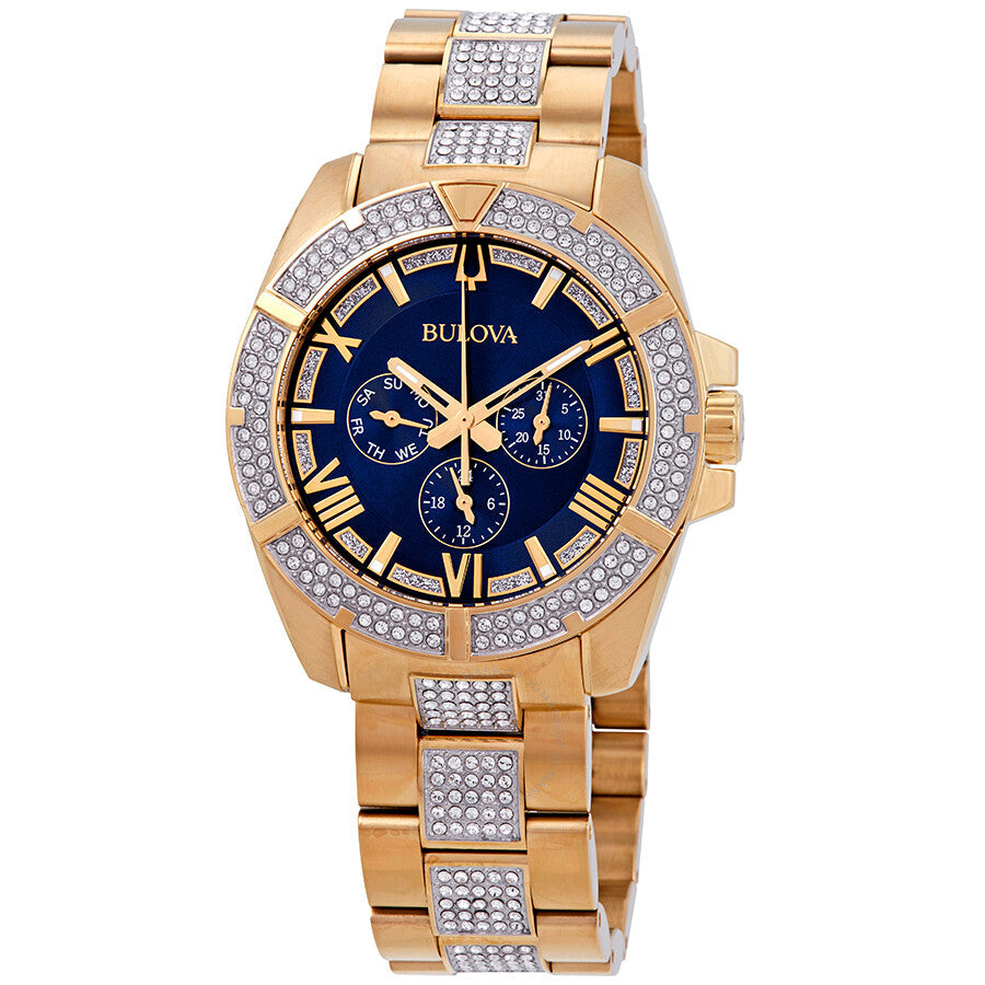  Shop Authentic Bulova Crystal Collection Blue Dial Gold Steel Strap Watch for Men - 98C128 - Luxxuri