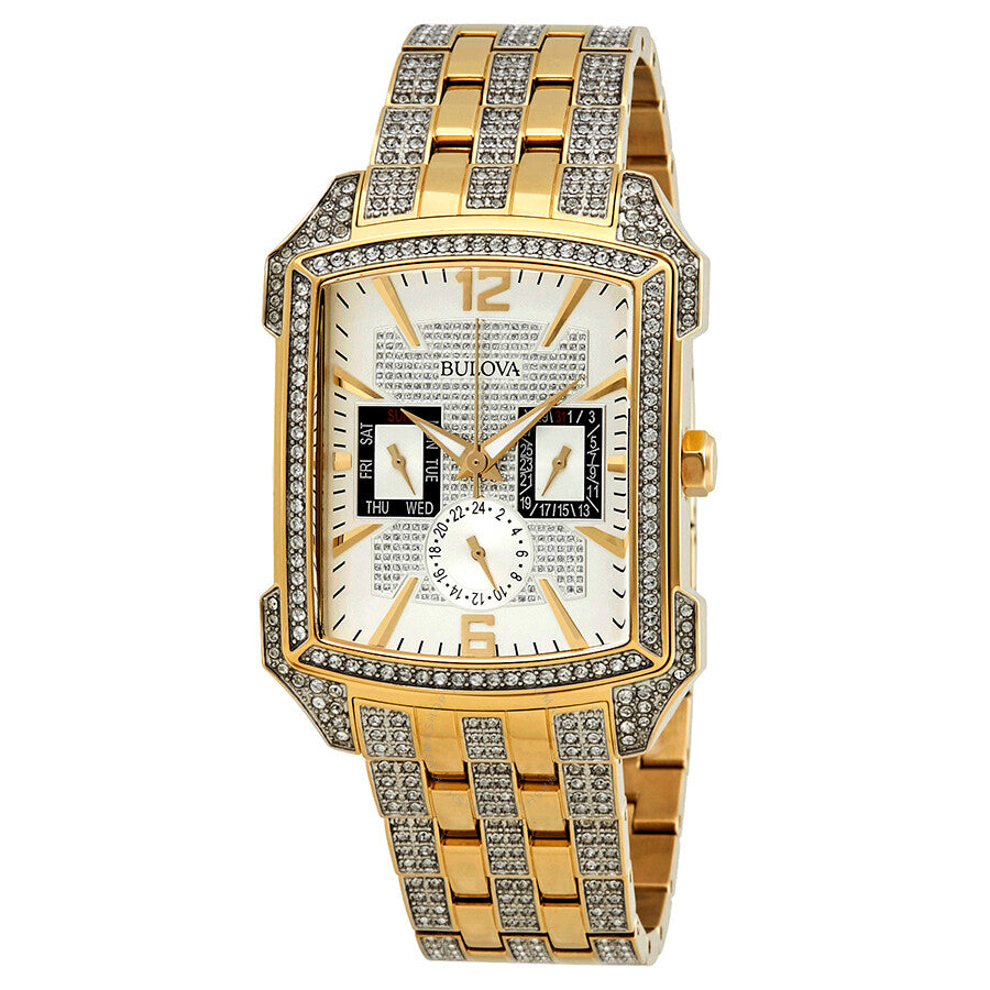  Shop Authentic Bulova Crystal Chronograph White Dial Two Tone Steel Strap Watch for Men - 98C109 - Luxxuri