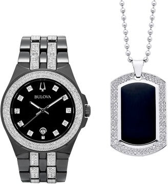  Shop Authentic Bulova Crystal Collection Black Dial Two Tone Steel Strap Watch for Men - 98K101 - Luxxuri