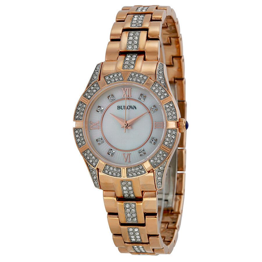  Shop Authentic Bulova Crystal Mother of Pearl Dial Rose Gold Steel Strap Watch for Women - 98L197 - Luxxuri