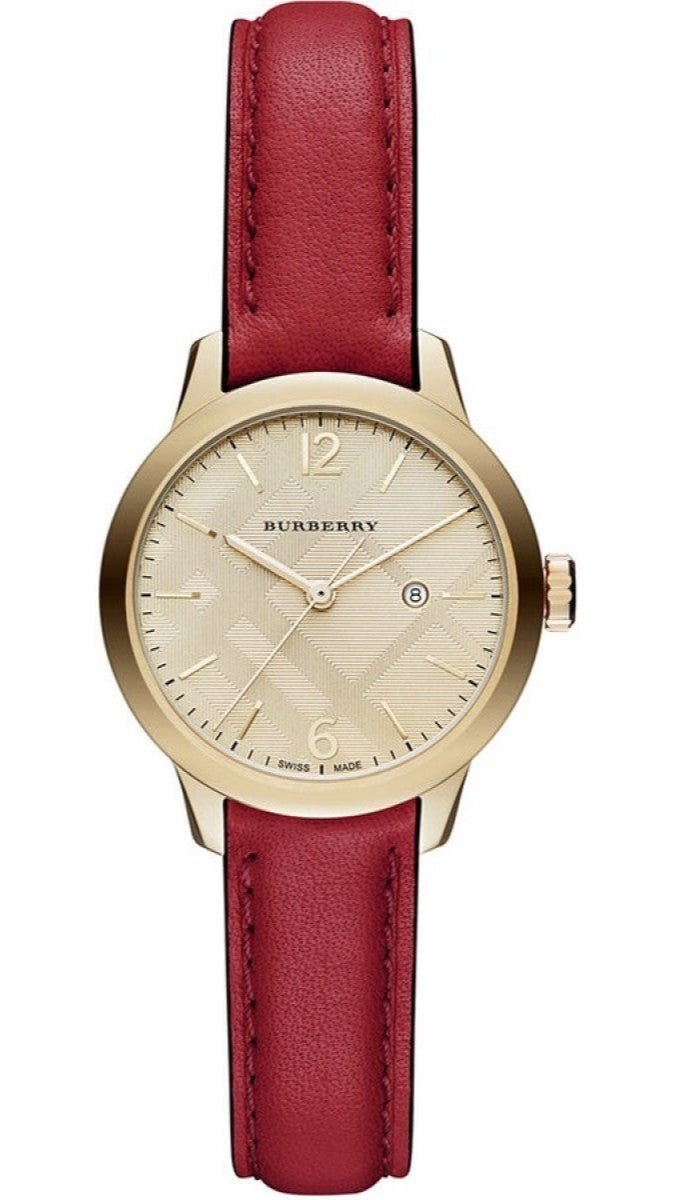  Shop Authentic Burberry The Classic Gold Dial Red Leather Strap Watch for Women - BU10102 - Luxxuri