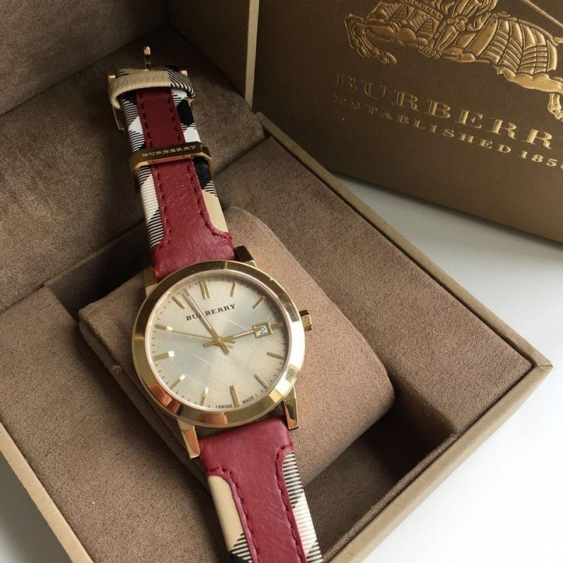  Shop Authentic Burberry The City Gold Dial Orange Leather Strap Watch for Women - BU9017 - Luxxuri