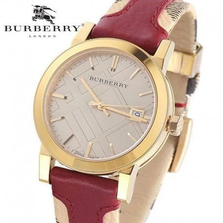 Burberry Heritage Nova Gold Dial Haymarket Red Leather Strap Watch for Women - BU9111