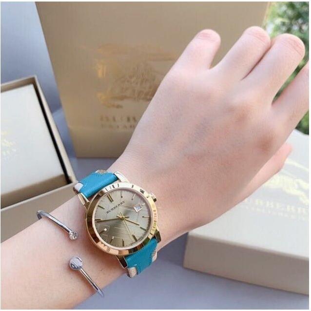 Burberry Heritage Gold Dial Blue Leather Strap Watch for Women - BU9112