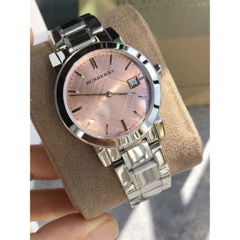  Shop Authentic Burberry The City Pink Dial Silver Steel Strap Watch for Women - BU9124 - Luxxuri